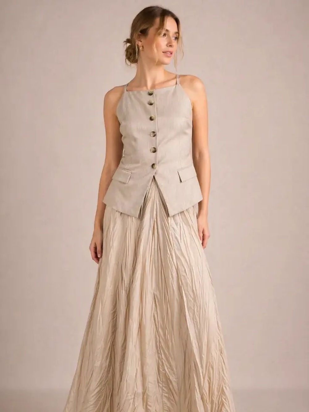 Zara Beige Button-Front Dress Set